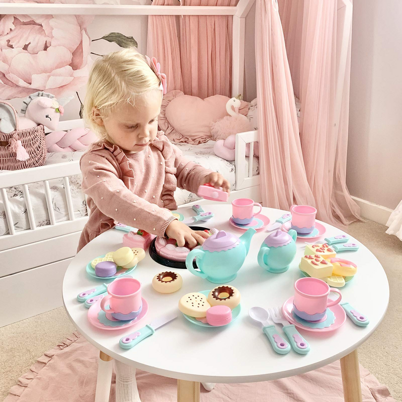 Toys Tea Set 52 Pieces Party Play Food for Kids,Princess Tea Time Toy Set Including Dessert,Cookies,Tea Party Accessories Toy for Toddlers,Boys Girls