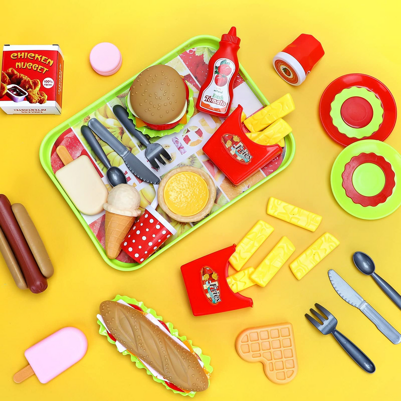 Fast Food Toys Play Food Toy Set,Kitchen Pretend Play Accessories Toy,Including Hamburger French Fries Ice Cream Hot Dog Coke and Assortment Gift Toy Set for Kids Toddlers（59PCS）